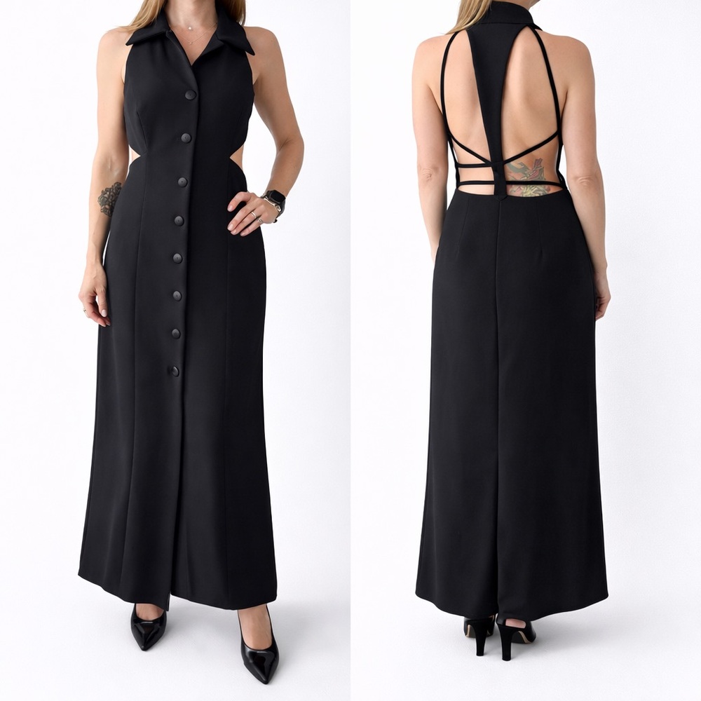 Vintage 90s JS Collection Black Open Back Halter Collared Maxi Dress Sz 10 US6-8